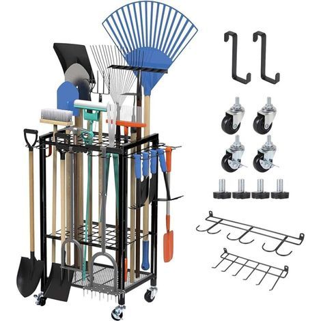 Garden Tool Organizer with Wheels, Metal Garden Tool Storage Rack 80×40×32cm, Garden Tool Holder Holds 50 Tools for Garage, Lawn, Shed (1/5)