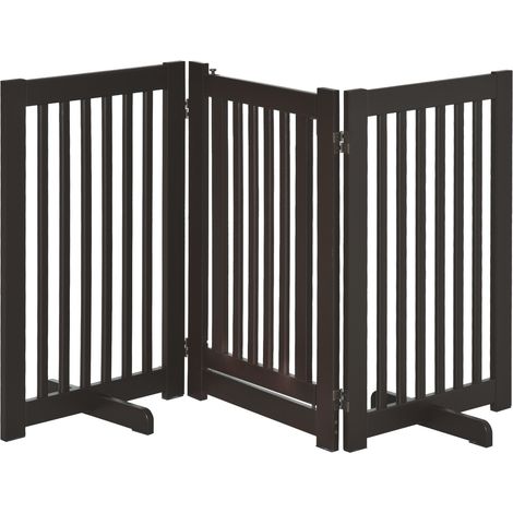 Barrière de sécurité pour chien autoportante, pliable et réglable, 3 panneaux en MDF brun foncé avec porte centrale, pour petits et moyens chiens  CHICFURN (1/5)