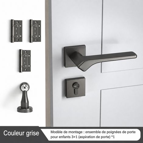 Serrure de porte intérieure rosace carrée gris 095 ensemble 3-en-1 avec charnières sans entaille et butée de porte – Livraison gratuite (1/5)