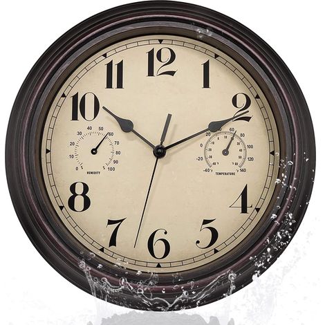Horloge Murale Extérieure Étanche avec Thermomètre Hygromètre - Design Vintage Silencieux sans Tic-Tac 30 cm Décoration Jardin, Salle de Bain, Cuisine, Véranda (Brun) (1/5)
