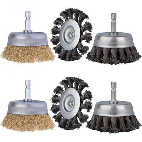 Lot de 6 brosses métalliques torsadées pour perceuse, décapage rouille, nettoyage, polissage, queue hexagonale, acier carbone (1/5)