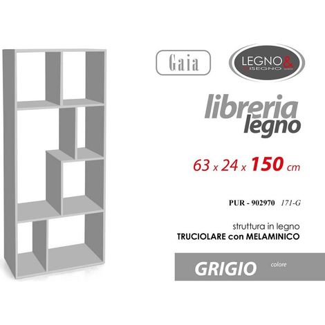 Libreria Gaia in legno grigio cm 63x24x150 h