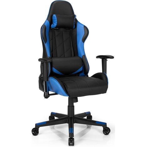 COSTWAY Chaise de Bureau/Chaise Gaming Réglable à Dossier Inclinable de 90°-160° avec Appui-tête, Renfort Lombaire et Accoudoirs Rembourrés Bleu (1/5)