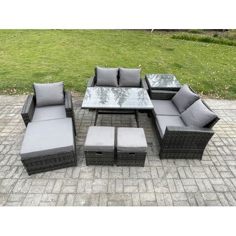 Fimous 8 Seater Garden Dining Set Wicker PE Rattan Outdoor Furniture Sofa with Rectangular Dining Table Double Seat Sofa Side Table 3 Footstools Dark Grey Mixed (1/5)