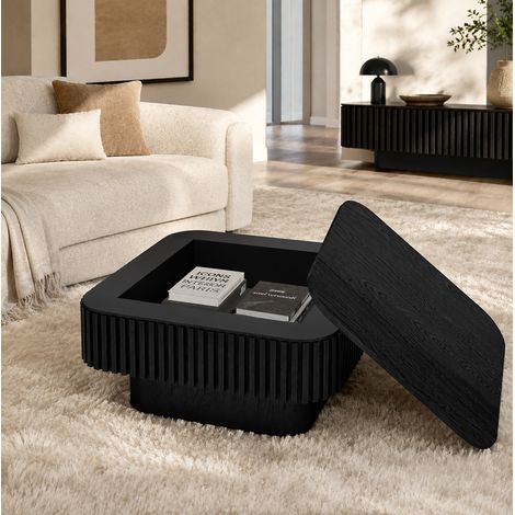 Table basse 75x75x35 cm MDF et placage en bois noir avec rangement intégré pour salon – MEUBLIV (1/5)