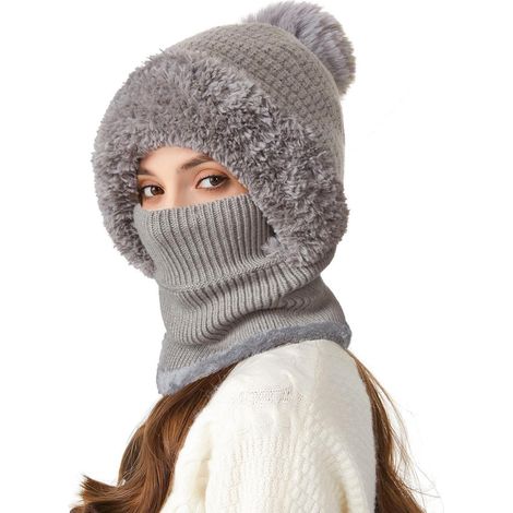 Warme Sturmhaube Damen mit Gesichtsschutz, winddichte Fleecemütze für Skifahren & Radfahren, Grau (1/5)