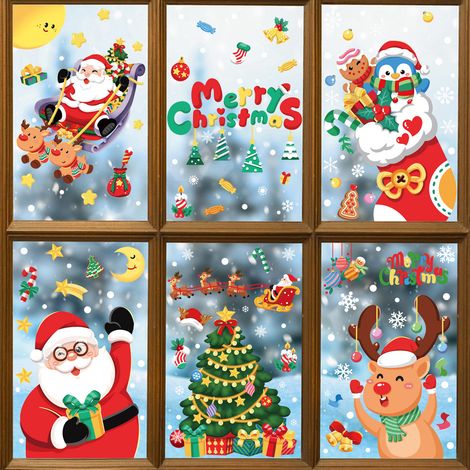 Autocollants décoratifs de Noël pour fenêtres, cadeaux du Père Noël, bonhomme de neige, rennes, autocollants de fenêtre à motifs de dessins animés, autocollants de porte, électricité statique.