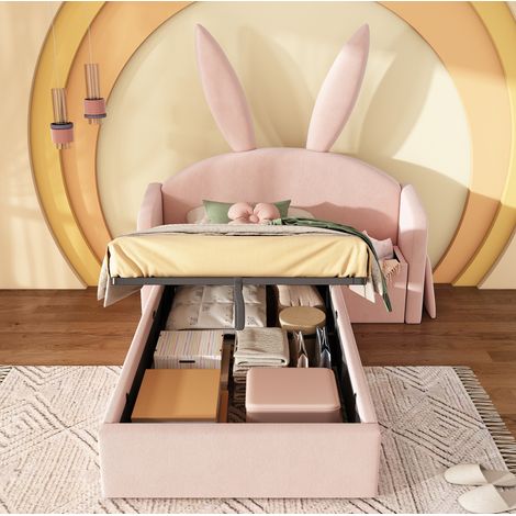 lit chambre enfant rangement 90x200 velours rose bois OKMYHOME (1/5)