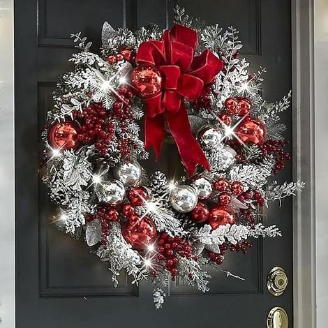 Couronne de Noël rouge et blanche pour porte d'entrée - Guirlande de Noël murale sans fil pour décoration intérieure et extérieure (1/2)