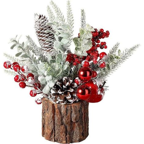 Petit Sapin de Noël Artificiel de Table avec Pommes de Pin,Baies Rouges et Décorations en Coton,27cm Arbre de Noël, avec Bases en Bois (1/5)