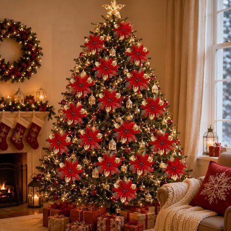 CCYKXA 24 rote und goldene Weihnachtssterne (12 cm) mit Befestigungsmaterial: Wunderschöne Weihnachtsdekoration – elegantes Blumenset mit Schnellverschluss. Die perfekte Tischdekoration für Weihnachte (1/5)