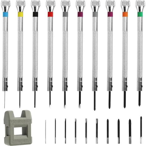 Set di 21 cacciaviti di precisione per orologi (0,6-1,6 mm), strumenti per la riparazione di orologi, occhiali, pendole e gioielli (10 cacciaviti, 10 punte, 1 smagnetizzatore)