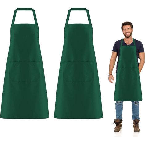 Juego de 2 delantales de chef verdes personalizables, con 2 bolsillos, para usar en la cocina, barbacoa, jardín, cafetería o restaurante. (1/5)