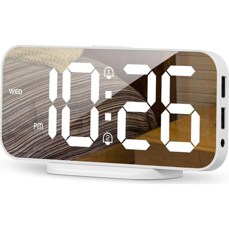 Réveil numérique blanc pour chambre, horloge LED 6,7" miroir avec 2 ports USB charge, luminosité réglable, double alarme, répétition, 12/24H, grand écran déco intérieur. (1/5)