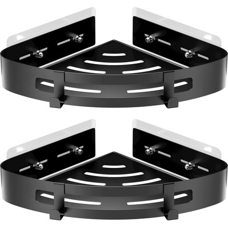 2 Pièces Etagère de Douche d'angle sans Perçage en Aluminium, Tablette de Douche d'angle avec Crochets, Organisateurs de Salle de Bains, Idéal pour salles de Bains, Cuisines Salons(Noir) (1/5)