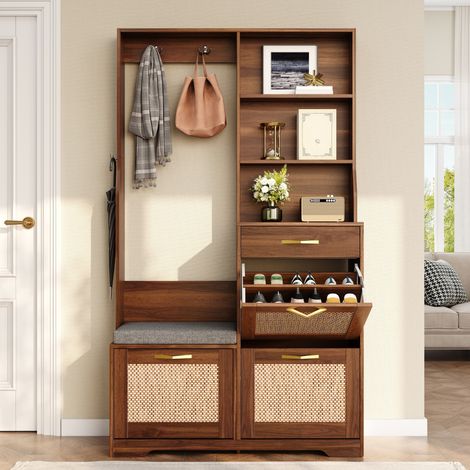 Garderoben-Schuhschrank mit Bank, 3 Klappen, MDF in Nussbaumoptik HAVRYA (1/5)