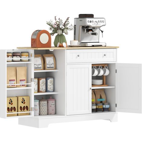 Buffet cuisine, meuble de rangement avec 3 portes, tiroir, étagères de porte et étagère réglable, 105x40x83cm, blanc (1/5)