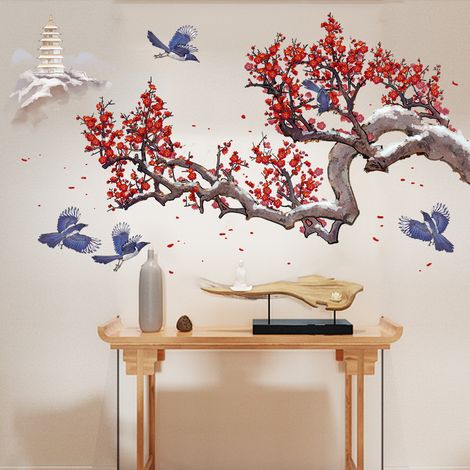 Großer Wandaufkleber mit Pflaumenblüten in Tusche und Aquarell