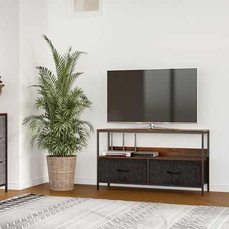 Mueble para TV, armario para televisores de hasta 47" con 2 cajones plegables de tela y estante, mueble para TV para sala de estar, dormitorio y salón, 98x29x56 cm, marrón rústico