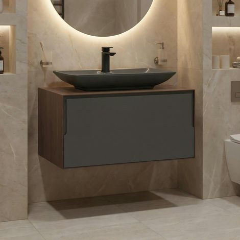 Meuble vasque gris suspendu 80 cm décor bois foncé et anthracite 2 tiroirs RIA (1/5)