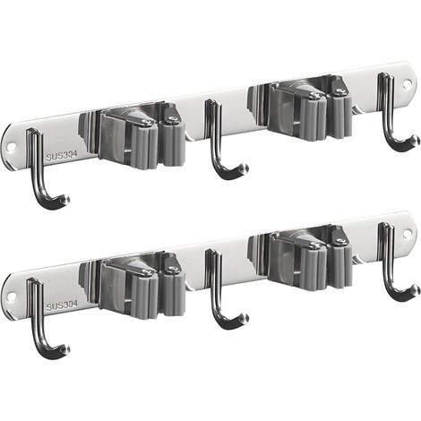 Wandmontierter Besen- und Mopphalter, 2-teilig, robust, mit praktischen Haken für Besen und Mopps (2 Halter, 3 Haken) (1/5)