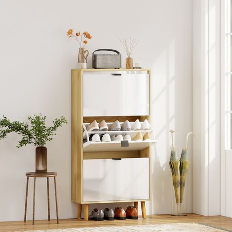 Meuble à chaussures, armoire à chaussures étroite, 3 tiroirs rabattables, porte haute brillante, 60x24x127cm, blanc (1/5)