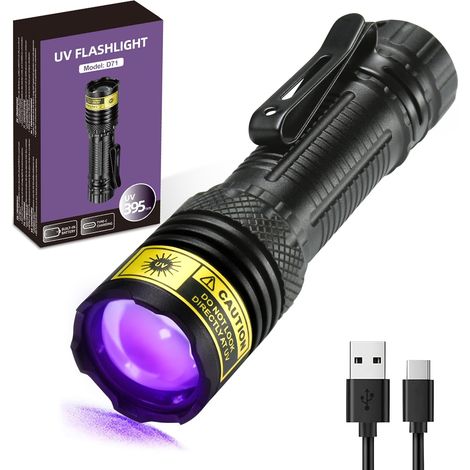 Lampe de poche UV 395 nm - Lumière noire - Mini USB - Rechargeable par USB - Lampe de bois fluorescente puissante - Détecteur portable pour taches d'urine d'animaux domestiques, scorpions, (1/5)