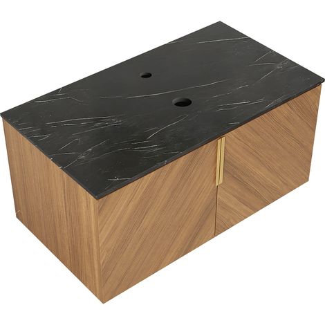 Encimera y mueble ARAI de 91 cm fabricados en piedra sinterizada negra, sin fregadero, grifo ni desagüe, con aspecto de madera de roble marrón. (1/5)
