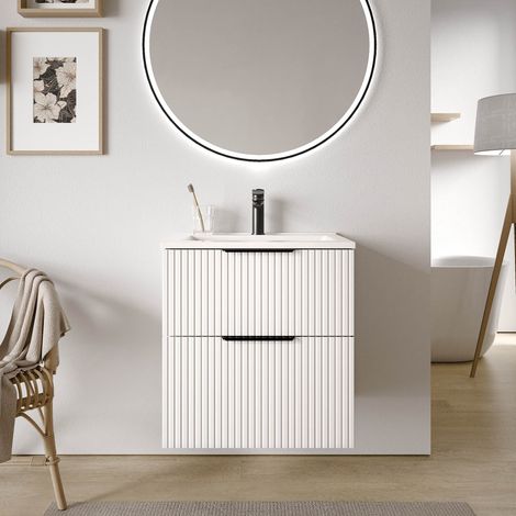 BERNSTEIN - Mobile lavabo da bagno bianco opaco con finitura a coste 60x46x62cm (LxPxA) 2 cassetti, maniglie cromate - TIM60	cromo, Profilato bianco opaco