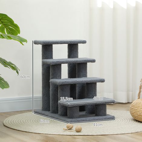 Escalier 4 marches pour chat et chien, gris, 63,5 x 43 x 60 cm, rampe d'accès idéale pour animaux âgés ou petits, marchepied stable et antidérapant. (1/5)