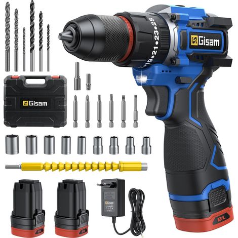 Perceuse Visseuse Sans Fil 16.8V Brushless, 25+3 Positions, 65Nm Max, Vitesses, Visseuse Devisseuse avec 2 Batteries 2.0Ah, LED, 28 Accessoires (Forets, Douilles) pour Bricolage Maison (bleu) (1/5)