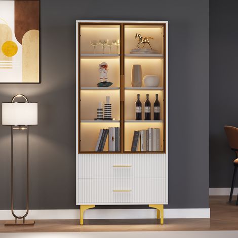 Vitrine debout haute 2 portes en verre - 70x35x150cm - pieds dorés, étagères ajustables, éclairage LED par application, armoire vitrée élégante