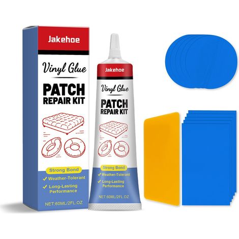 Reparaturset für aufblasbare Matratzen – Praktisches Set zur Reparatur von Lücken und zum Verkleben von Isomatten/Luftbetten – 60 ml + Schaber  1 + runde Flicken  5 + rechteckige Flicken  5 -- DE (1/5)