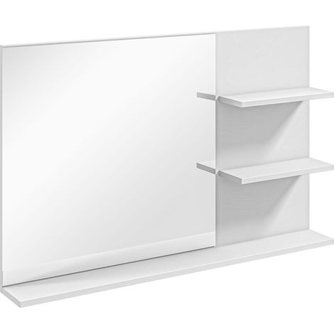 Miroir de salle de bain mural avec deux étagères latérales et une étagère inférieure, en MDF et verre, 75x10x48 cm, blanc. (1/5)