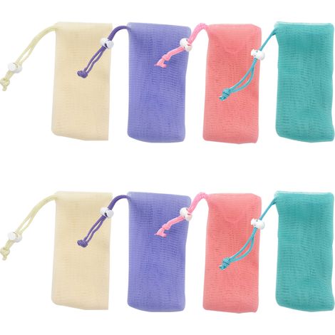Lot de 8 sacs à savon en filet avec cordon de serrage pour le bain et la douche. (1/5)