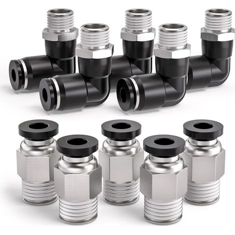 10 Pcs 8mm to 1/4" BSP Male Through-Bolt Card Sleeve and 90 Degree Elbow Pneumatic Fitting, Quick Release Air Line Adapter PL8-02 / PC8-02 (1/4)
