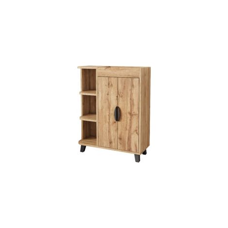 Meuble à chaussures étroit aspect bois clair 80x32x99 cm avec 2 portes, niches ouvertes et tablette supérieure pour entrée ou petits espaces (1/5)