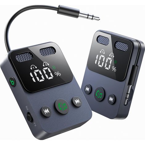 Trasmettitore ricevitore Bluetooth per aereo compatibile con 2 AirPods o cuffie, trasmettitore Bluetooth wireless a bassa latenza con display HD, adattatore jack audio da 3,5 mm per aereo/TV/auto/ster