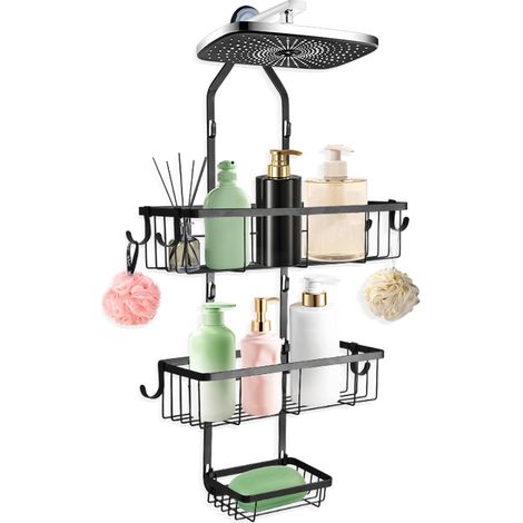 Etagere Douche a Suspendre 3 Niveaux Sans Percage, Rangement Salle de Bain Avec Porte-Savon et 6 Crochets pour Shampoing et Eponge (1/5)