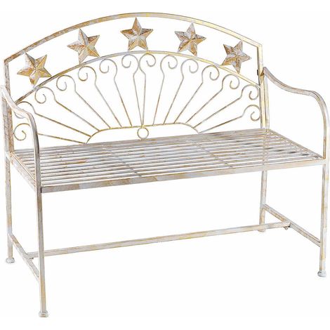 Bancs en métal blanc patiné doré effet shabby avec dossier décoré d'étoiles, idéals pour aménager une terrasse, 108 x 57 x H. 92 cm