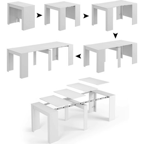 Tavolo allungabile, Tavolo da pranzo allungabile, Tavolo con allunghe multiuso estensibile fino a 10 posti, cm 51/237x90h78, Bianco Lucido