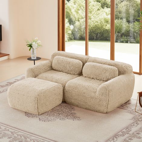 Modulares 2-Sitzer-Sofa in L-Form mit geschwungener Rückenlehne und Chaiselongue, bezogen mit weichem Stoff, geeignet für 2 bis 4 Personen, hellkhakifarben