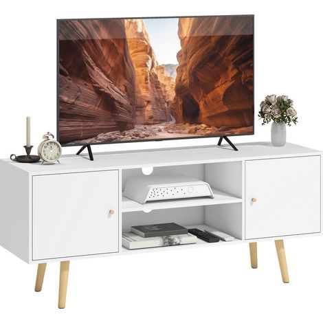 Meuble TV style scandinave 2 portes 2 niches passe-fils piètement bois pin panneaux blanc - 120 x 34 x 50 cm blanc (1/5)