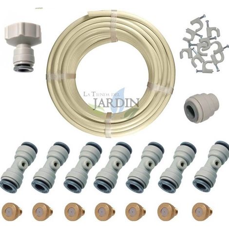 Nebelset 10 Meter. Inklusive 3/8-Zoll-Rohr + 7 automatische T-Stücke + 7 Düsen + 1 Stopfen + 1 3/4-Zoll-auf 3/8-Zoll-Wasserhahna (1/3)