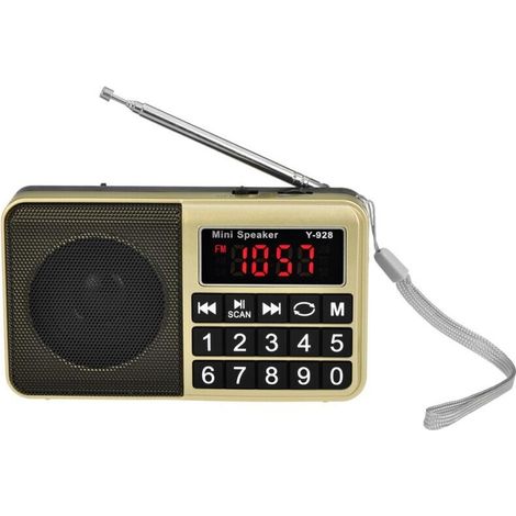 Radio portable FM/AM (MW)/SW/USB/Micro-SD/MP3, stations de diffusion avec gros boutons et grand écran, radio portable rechargeable 800 mAh (doré) (1/3)