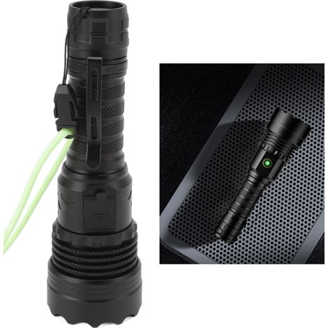 Lampe torche LED étanche 5800 lm, rechargeable par USB, idéale pour les situations d'urgence en extérieur, avec 5 modes d'éclairage et un zoom pour le camping. (1/5)