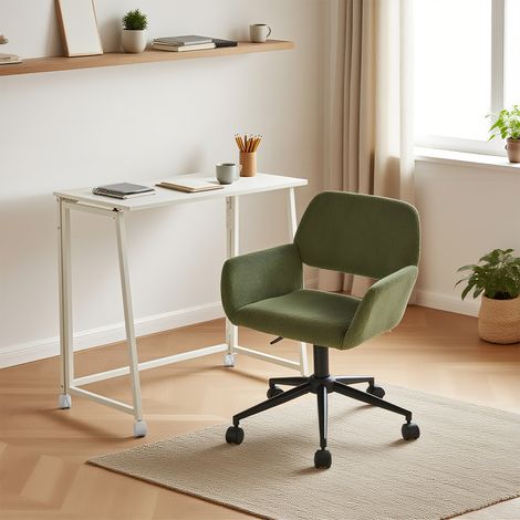 Ensemble table et chaises : chaise vert (hauteur réglable, pivotante) + table pliante blanche à roulettes (1/5)