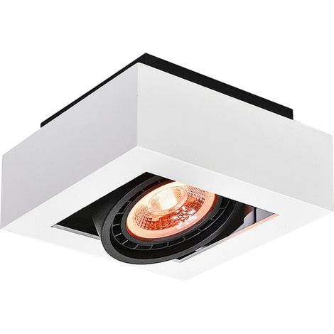 Spot de plafond 1 lumière - Applique murale carrée orientable en métal blanc avec anneau noir intérieur, culot GU10 ES111, design moderne IP20 idéal pour salon, cuisine, bureau ou hôtel (1/3)