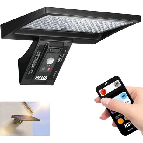 Lampe solaire de sécurité, 104 LED, détecteur de mouvement, télécommande, étanchéité IP65, 3 températures de couleur, 4 modes (SKU produit : 96652542 SKU Offre : mkh25.7.15-12) (1/4)