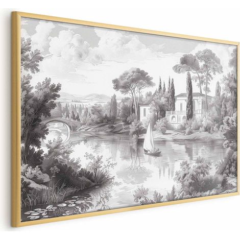 Póster - Paisaje vintage en blanco y negro con un estanque (1/4)